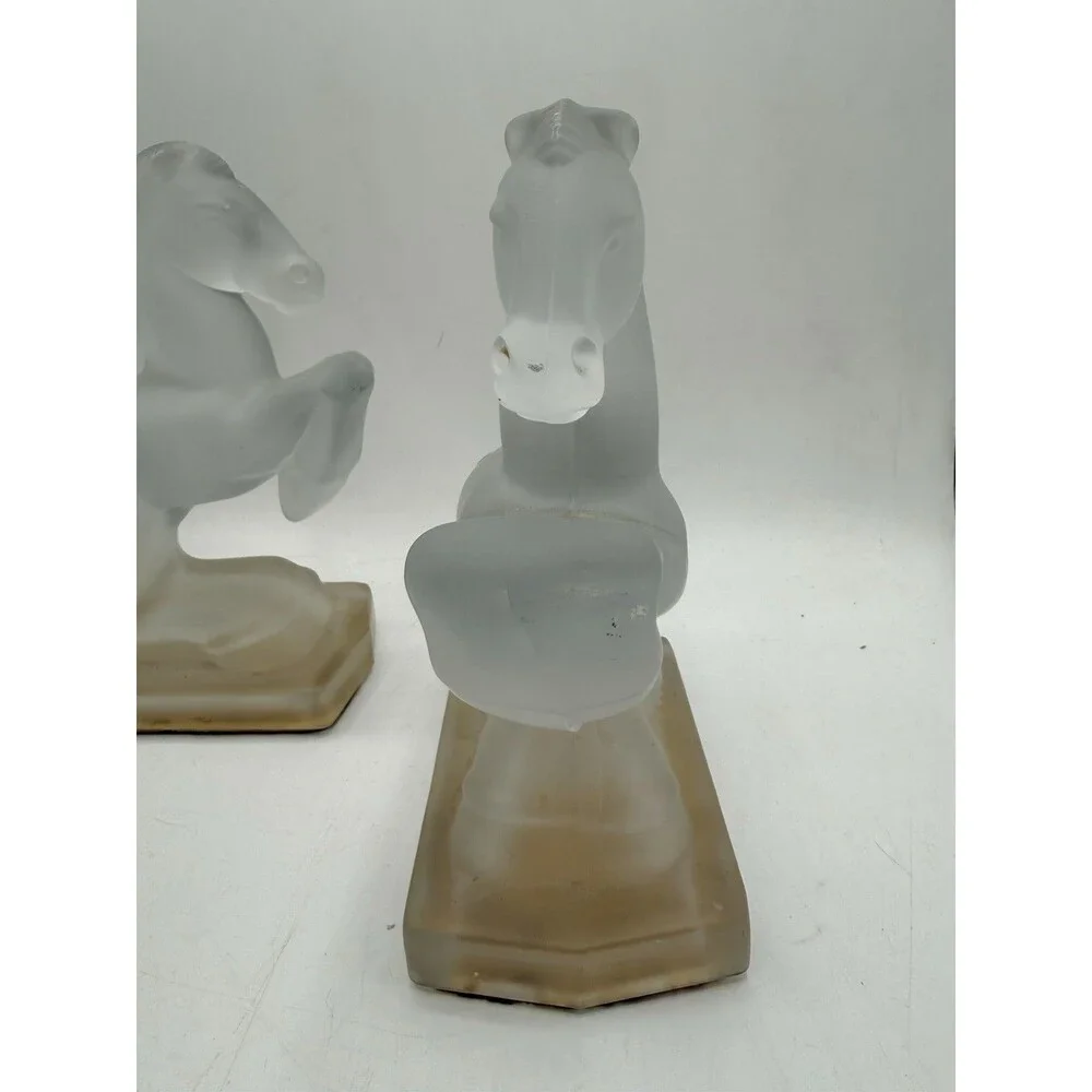 Vintage Frosted Glass Rearing Horse Bookends Art Deco Pair 8